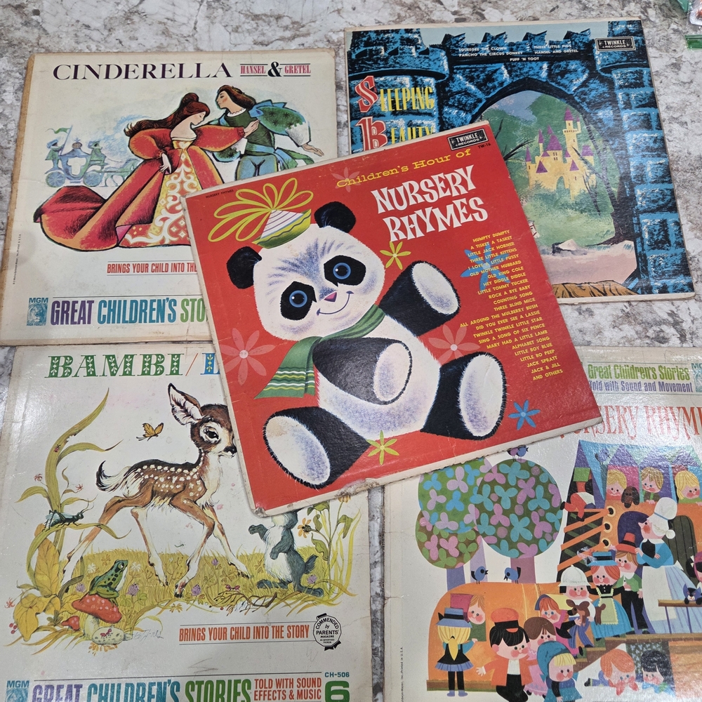 S/5 Vintage Records Nursery Rhymes Children's Record Disney Cinderell Bambi Etc